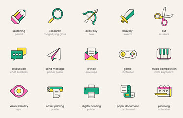 Creative business icons. Digital work icon set. Creativity and innovation symbols. Flat vector illustrations. Isolated elements. Pictograms for web. Signs collection for content creator.
