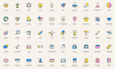 Creative business icons. Digital work icon set. Creativity and innovation symbols. Flat vector illustrations. Isolated elements. Pictograms for web. Signs collection for content creator.