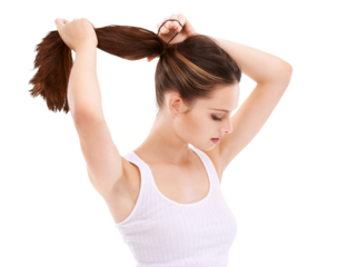 Hairstyle, woman and hair tie for beauty isolated on a transparent png background. Haircare, tying and female model with ponytail for aesthetic salon treatment for growth, balayage and texture.