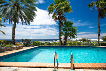 An outdoor swimming pool, overlooked by lush palm trees, with the Caribbean sea in the distance