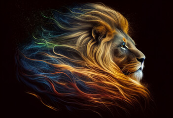 A huge head of a lion with a developing multi-colored mane on a dark background. AI Generated