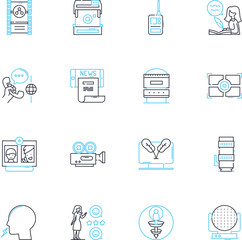 Motion picture linear icons set. Drama, Comedy, Thriller, Action, Horror, Romance, Fantasy line vector and concept signs. Sci-fi,Adventure,Animation outline illustrations
