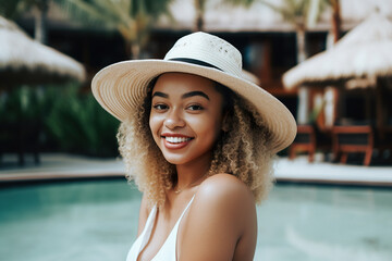 Girl with white hat relaxing in a swimming pool. Generative Ai