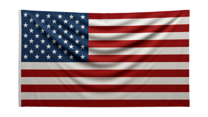 Textured flag. The flag of USA hangs on the wall. Texture of dense fabric. The flag is pinned to the wall. Flag of the United States of America on a transparent background. 3D render