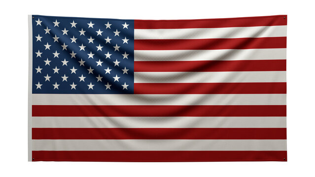 Textured flag. The flag of USA hangs on the wall. Texture of dense fabric. The flag is pinned to the wall. Flag of the United States of America on a transparent background. 3D render