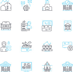 Accounting services linear icons set. Bookkeeping, Payroll, Taxation, Auditing, Financials, Consultancy, Compliance line vector and concept signs. Forecasting,Analysis,Budgeting outline illustrations