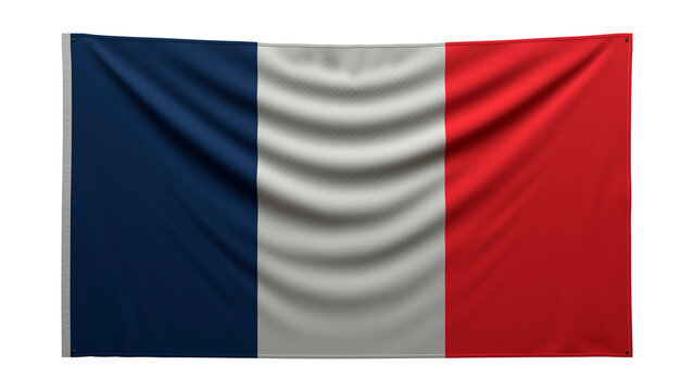 Textured flag. The flag of France hangs on the wall. Texture of dense fabric. The flag is pinned to the wall. French flag on a transparent background. 3Drender