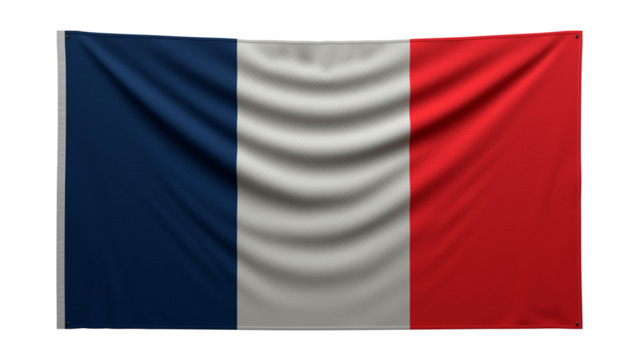 Textured flag. The flag of France hangs on the wall. Texture of dense fabric. The flag is pinned to the wall. French flag on a transparent background. 3Drender