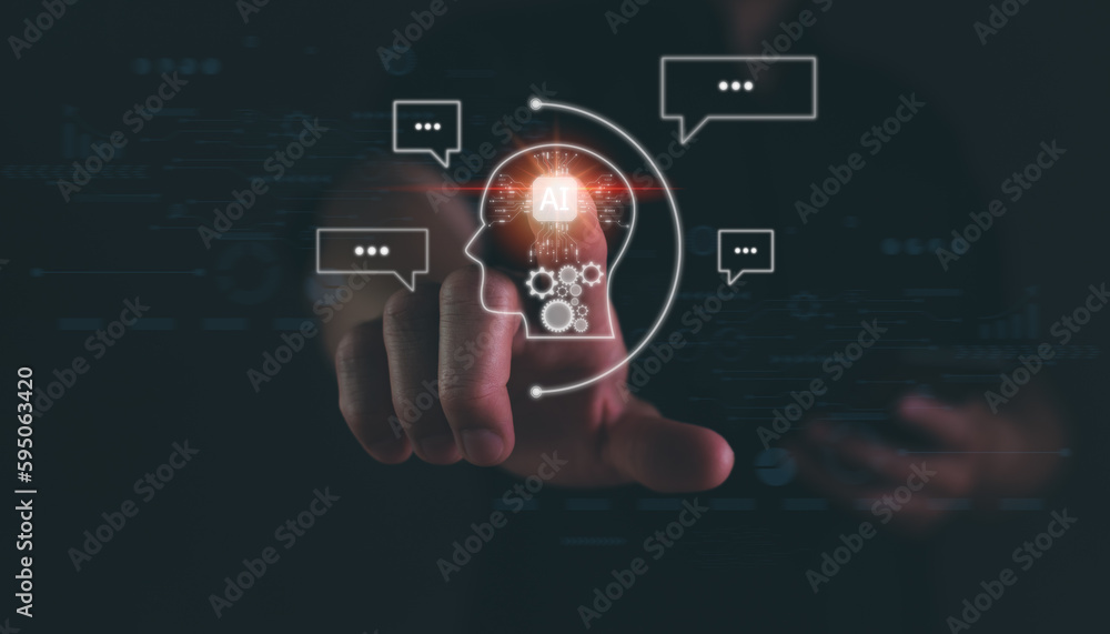 Poster businessman show virtual graphic global internet connection chatbot with ai for provide access to in