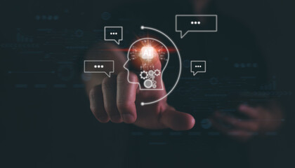 Businessman show virtual graphic Global Internet connection Chatbot with AI for provide access to information and data in online network, AI, Artificial intelligence, innovation and technology.