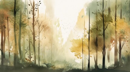 A forest background with watercolor splatters in shades of green and brown.
