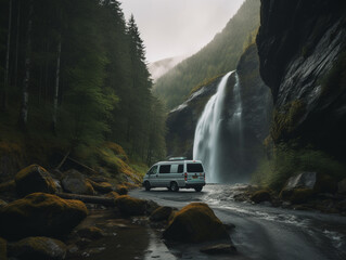 A Van Parked by a Waterfall in a Mountain Forest | Generative AI