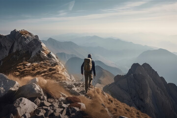 Obraz premium Take on the challenge of the great outdoors with this intrepid hiker standing on top of a mountain. The perfect image for adventure and exploration. AI Generative.