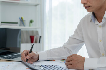 Business men calculate benefit, spreadsheets, graph financial development, bank accounts,...