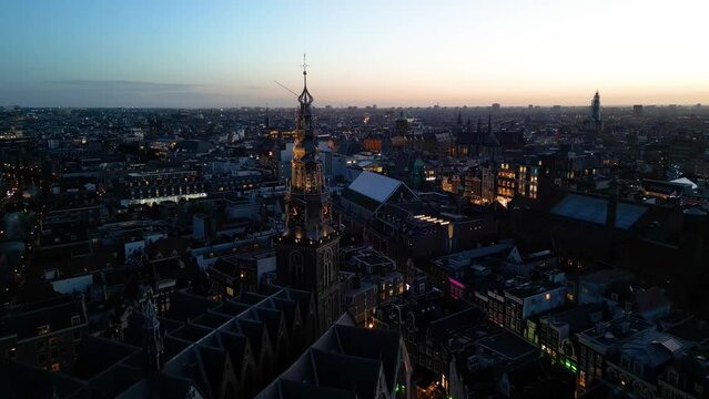 Night aerial view of The Oude Kerk ("Old Church") in Amsterdam, Netherlands