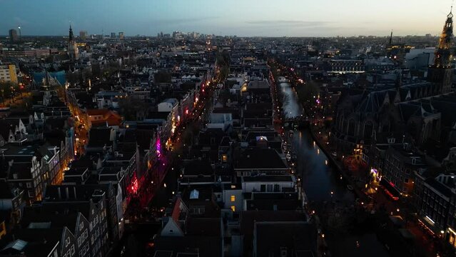 Night aerial shot of the famous Red Light District in Amsterdam, Netherlands