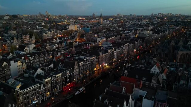 Night aerial view of The Red Light District in Amsterdam, Netherlands