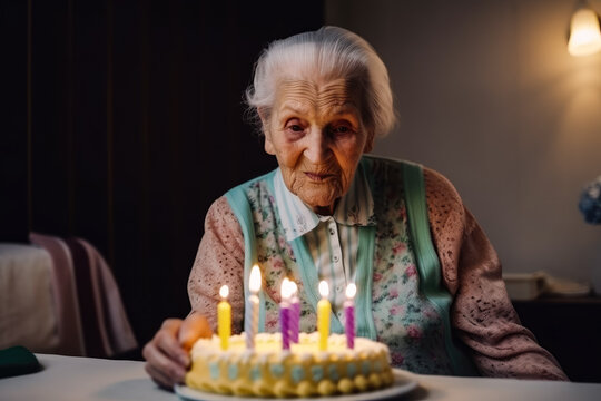 Portrait of a senior woman sitting at the table with her birthday cake with candles on it. Created with Generative AI, no one recognisable. Not a real person.