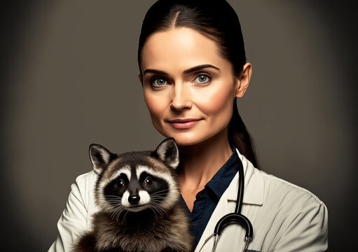 Portrait of a veterinarian woman with a cute raccoon. Created with Generative AI, no one recognisable. Not a real person.