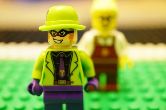 Closeup of a Lego city the Riddler minifigure toy