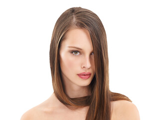 Fototapeta premium Beauty, hair and face portrait of a woman with makeup, cosmetics and balayage hairstyle. Female person with salon or hairdresser treatment for shine and glow isolated on a transparent, png background