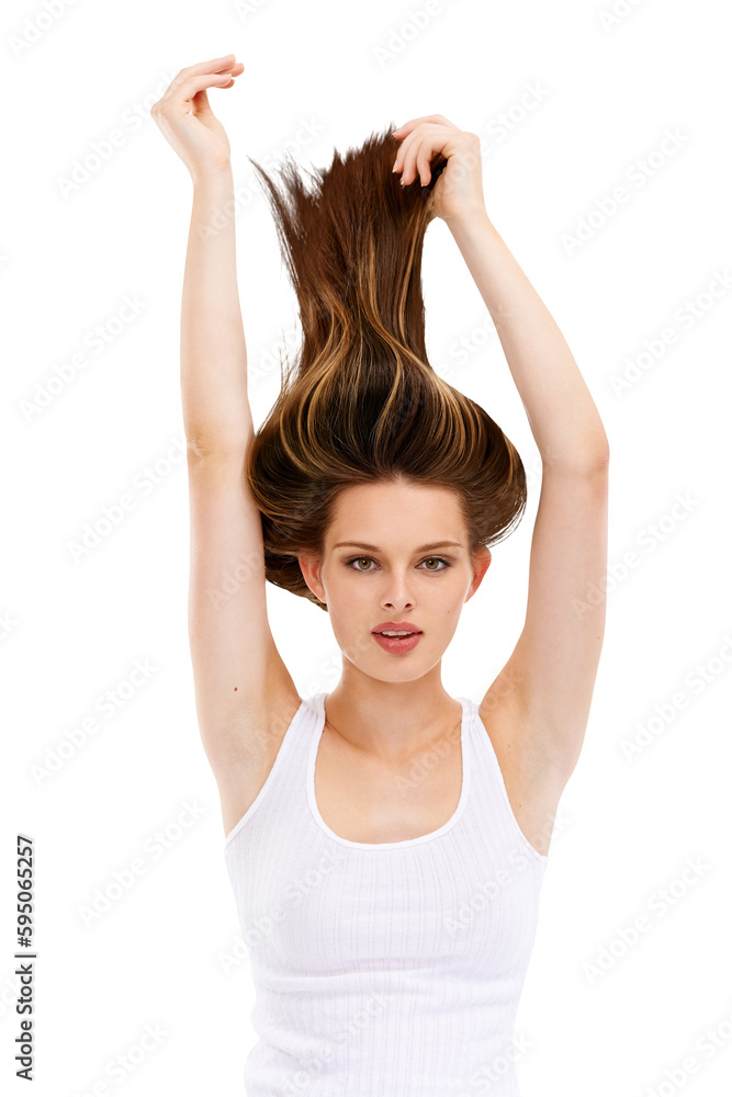 Wall mural Woman, portrait and hair care or beauty of a model with natural and straight hairstyle. Wellness, cosmetics and person with hands raised and salon treatment isolated on a transparent, png background