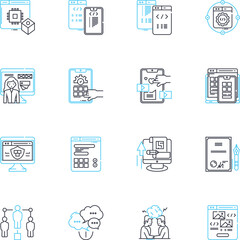 Mobile gaming linear icons set. Entertaining, Addiction, Thrilling, Strategy, Fun, Adventure, Challenge line vector and concept signs. Engaging,Interactive,Casual outline illustrations