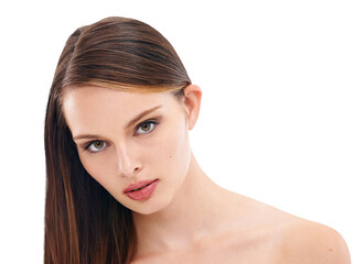 Fototapeta premium Beauty, face portrait and woman with straight hair isolated on a transparent png background. Natural cosmetics, makeup and haircare of serious female model with salon treatment for hairstyle growth.