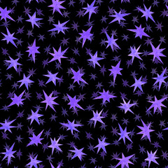 Fototapeta na wymiar A lot of watercolor lilac violet stars as seamless pattern on black backgound.Print bithday, b-day,christmas, new year cards,invitations.Aquarelle design elements