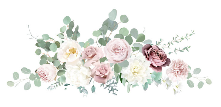 Silver sage green and blush pink flowers vector design bouquet. Dusty mauve rose, white dahlia, carnation