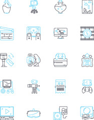 Entertainment technology linear icons set. Streaming, Gaming, Virtual, Augmented, D, Audio, Video line vector and concept signs. Animation,Projection,Sound outline illustrations