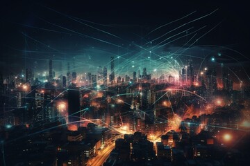 A digital illustration of a city a night with technology connection lines, communication concept. Generative AI