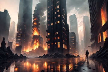 Cityscape against a backdrop of fire (AI)