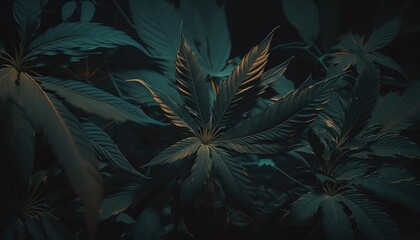 Jungle of marijuana or weed leaves in deep dark colors background concept generative ai