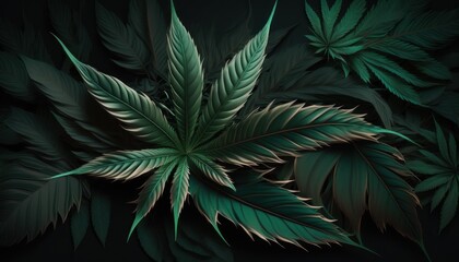 Naklejka na ściany i meble Jungle of marijuana or weed leaves in deep dark colors background concept generative ai