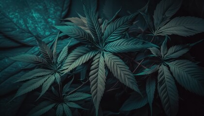 Naklejka na ściany i meble Jungle of marijuana or weed leaves in deep dark colors background concept generative ai