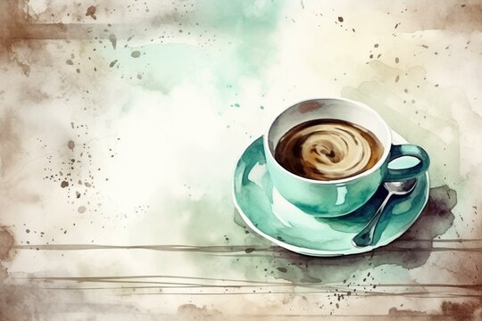 vintage painting with a teal white green cup of coffee on white background. Generative AI