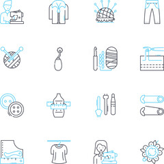 Tailoring linear icons set. Sewing, Alterations, Fitting, Measurements, Patterns, Fabric, Stitching line vector and concept signs. Hemming,Buttons,Zippers outline illustrations