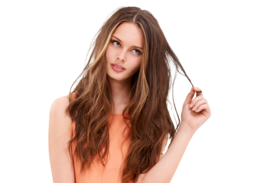 Hair loss, thinking and woman with damage, problem or split ends isolated on a transparent png background. Haircare, idea and serious female model with messy hairstyle after salon beauty treatment.
