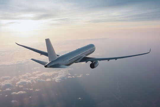 Passenger airliner in the sky side view. the plane flies into the sunset sky. AI Generated