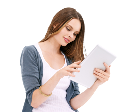 Isolated woman, reading and smile with tablet for search, news article or web by transparent png background. Girl, student and mobile touchscreen for research, social network app or study on internet