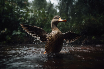 Fototapeta premium Photo of duck dancing in the rain. Animal influencer.