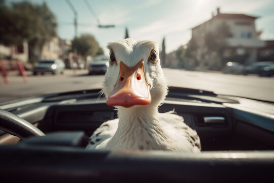 Photo of duck driving a convertible car. Animal influencer.