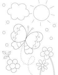 easy coloring page with garden flowers and a big butterfly. you can print it on 8.5x11 inch paper	