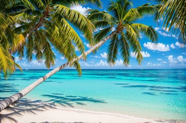 Naklejka na ściany i meble Azure beach with white sand turquoise water and palm trees banner Generative AI