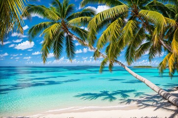 Fototapeta na wymiar Azure beach with white sand turquoise water and palm trees banner Generative AI