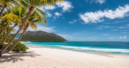 Fototapeta na wymiar Azure beach with white sand turquoise water and palm trees banner Generative AI