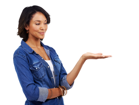 Woman, modern fashion or hand palm for promotion and branding space. Female model relax with open hands for discount deal offer with a smile and logo isolated on a transparent, png background