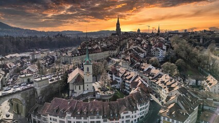 Aerial shot of Bern at sunset, Switzerland.