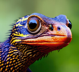 Mystical and magical wildlife photo of a colorful lizard reptile. With its striking colors, intricate scales, and intense gaze. Generative AI